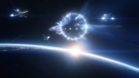futuristic spacecraft orbiting a planet with a mysterious energy portal