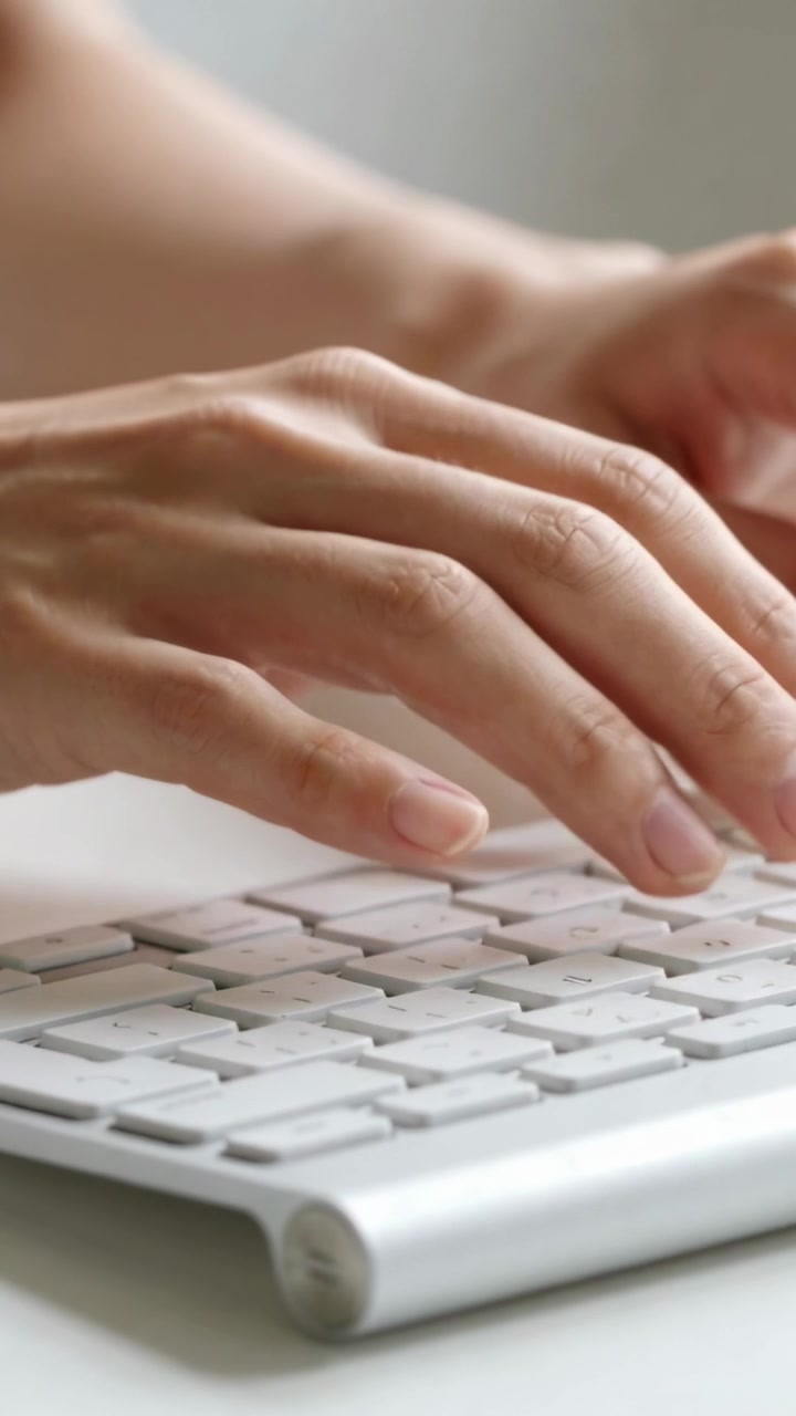 Vertical video: Lowering poised hands pressing keys on desk, moving across white computer keyboard