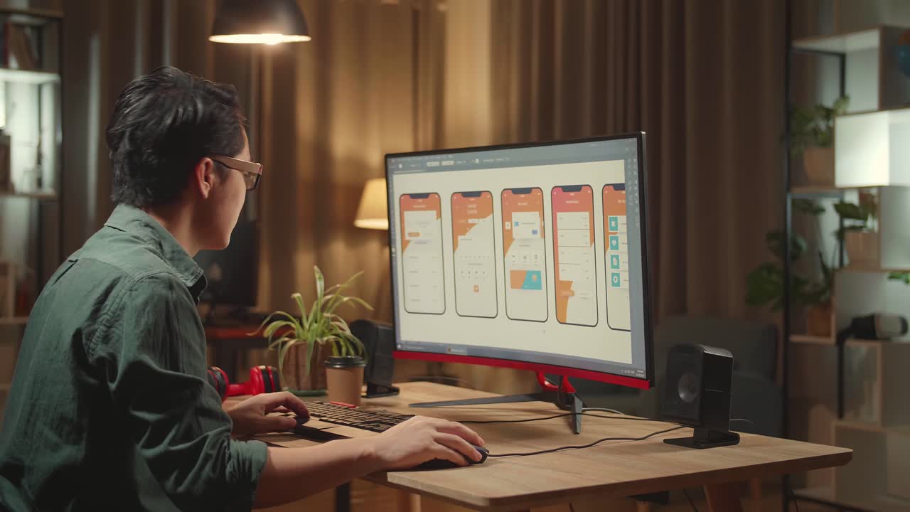 Asian Male Mobile Application Developer Works And Using Mobile Phone With Graphics On His Personal Computer. He Works At Night