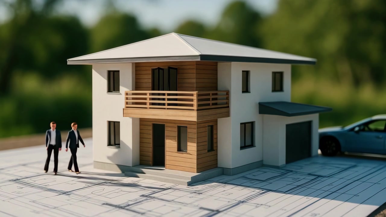 Empresarios caminando junto a una maqueta arquitectónica de una casa moderna