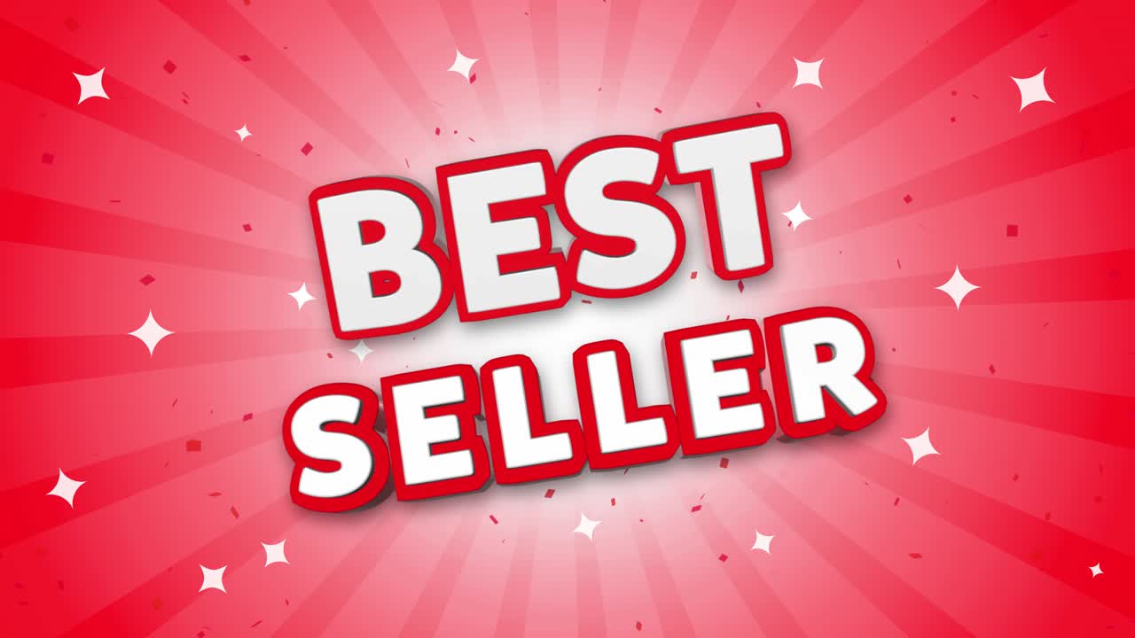 Best seller 3d text on red sparkling falling confetti background ad promotion discount offer sale