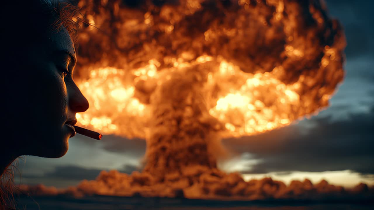 Contemplating destruction woman standing before nuclear mushroom cloud