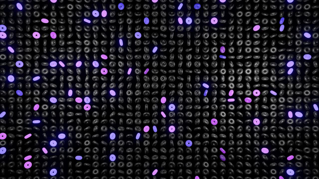 abstract festive background with rows of toruses or rings on plane flashing neon multicolored light randomly. Black rings rotating in the air. Loop beautiful bg in 4k. Smooth wiggling animation