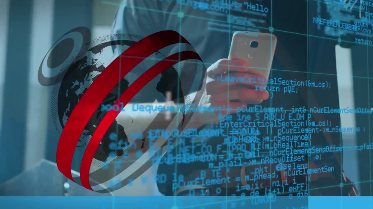 스마트폰을 사용하는 사업가에 대한 지구의 애니메이션과 데이터 처리