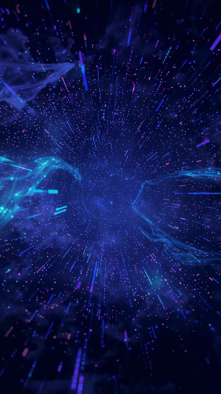 Vertical video: Starting blue starfield sending glowing particle streaks in space for warp effect