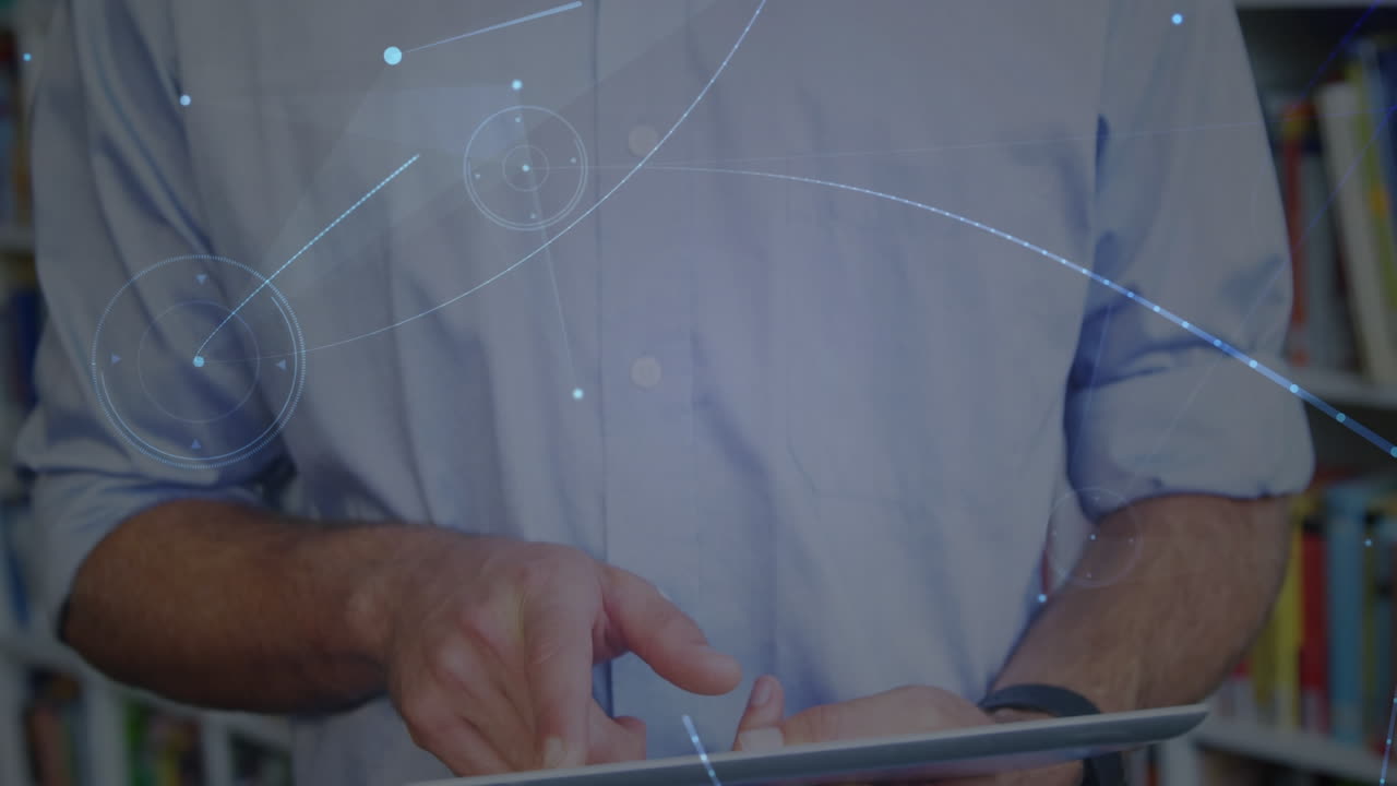 animación de la red de conexiones sobre el hombre caucásico usando la tableta