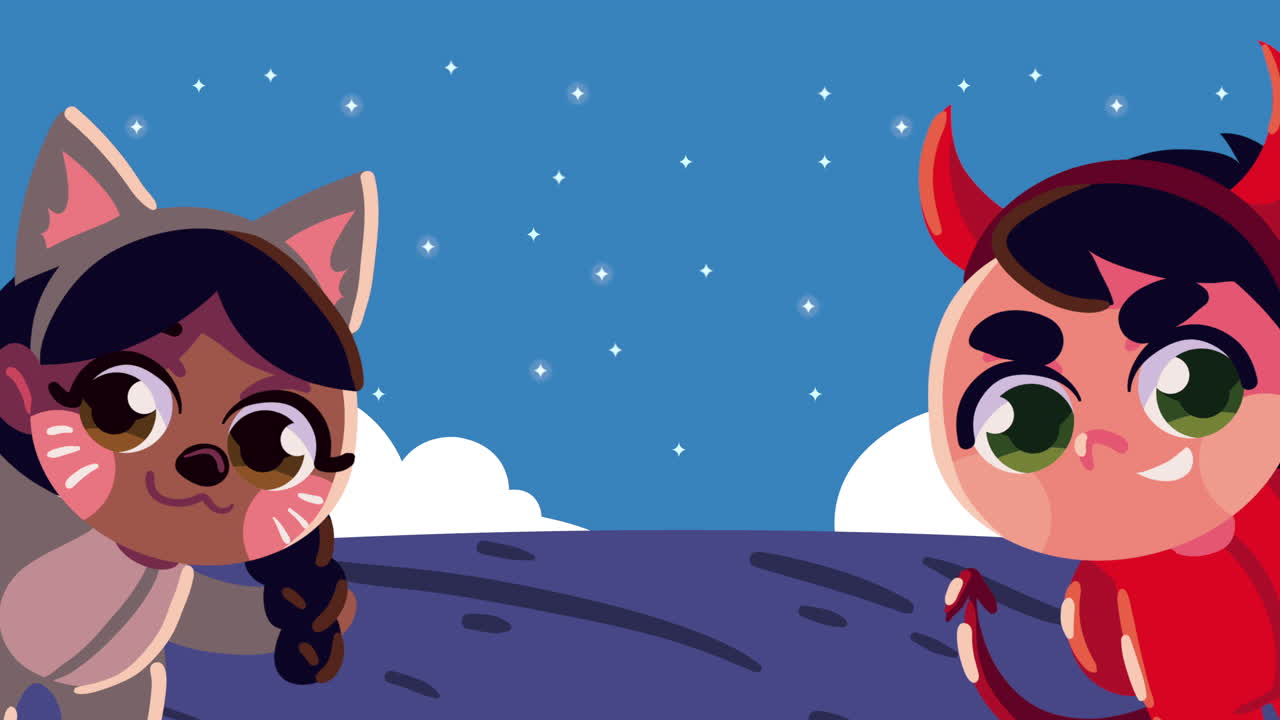 animazione di halloween con il gattino e il diavolo