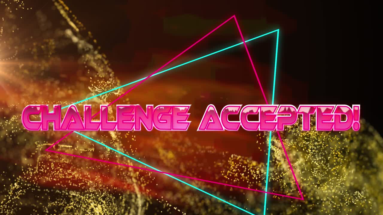 Animation of challenge accepted text banner over golden digital wave against black background