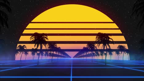 stylized vintage 3d animation background with palm trees, sun and glowing stars. 80s retro futuristic sci-fi seamless loop