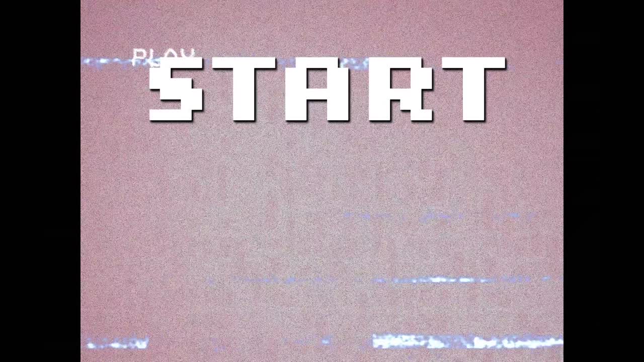 animación del inicio del texto de píxel blanco, en la interfaz de reproducción con interferencia y fondo rosa