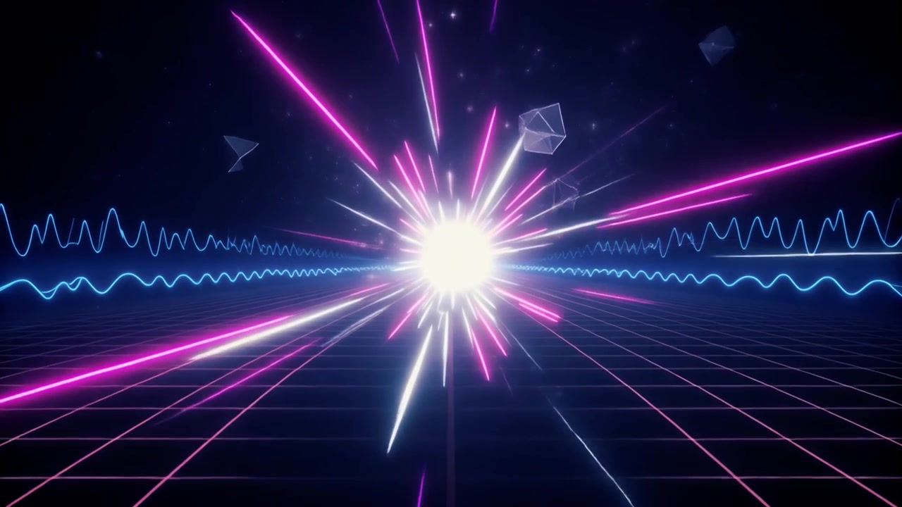 Retro Synthwave Style Abstract Background with Glowing Light Rays