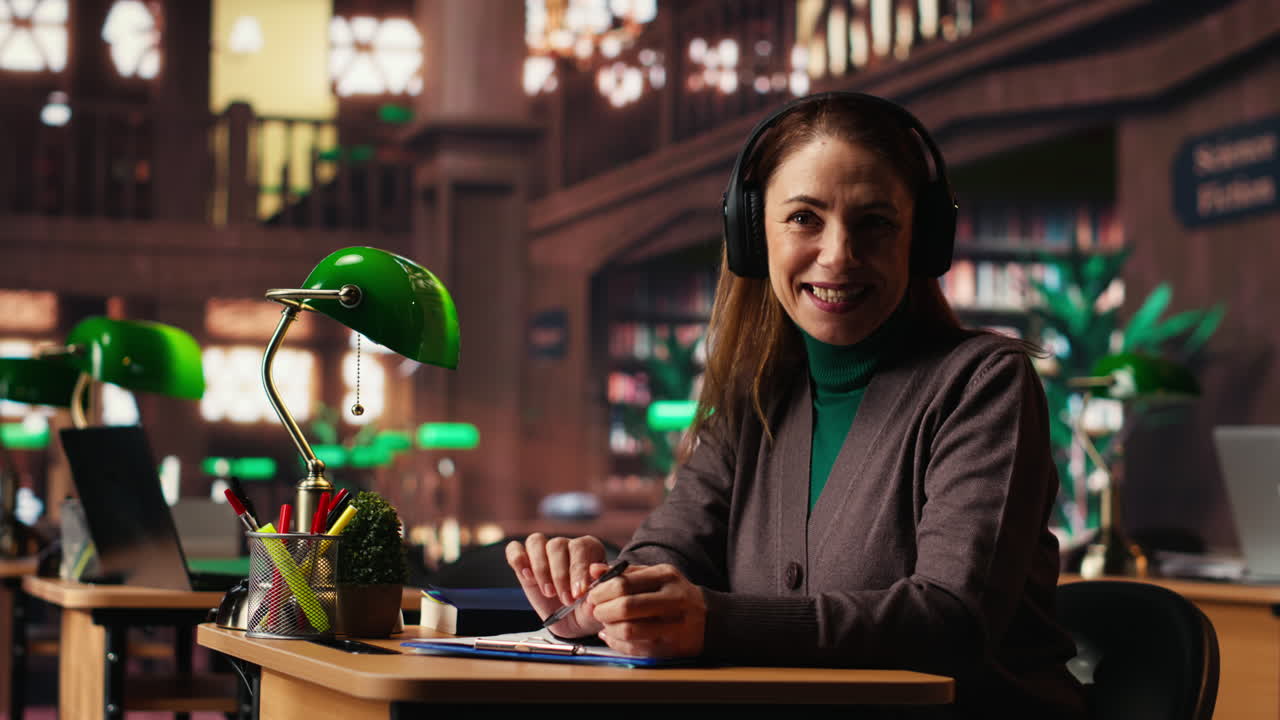 Donna con cuffie in biblioteca