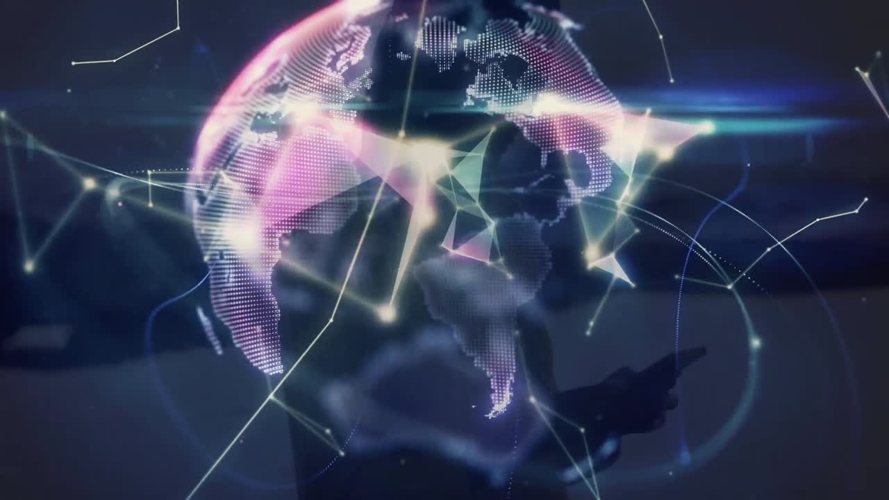 Animation of globe and shapes over businesswoman using smartphone