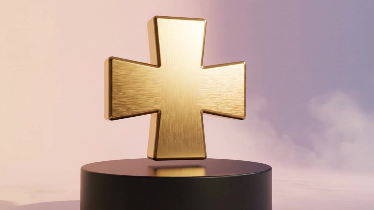 Simbolo di premio a croce dorata lucida su una base nera con una morbida illuminazione di sfondo che riflette un aspetto elegante e lussuoso in un ambiente minimalista.