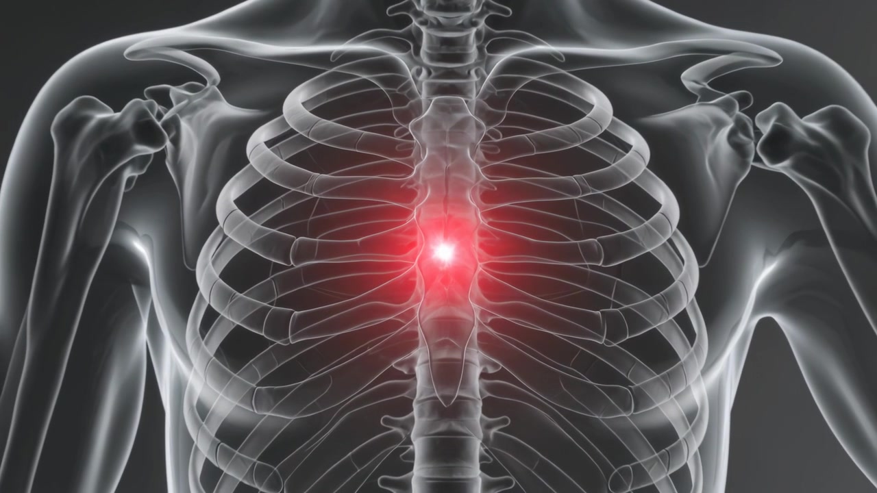 Animazione di un torso anatomico traslucido in un rendering 3D medico con un marcatore dello sterno pulsante mentre la telecamera zooma