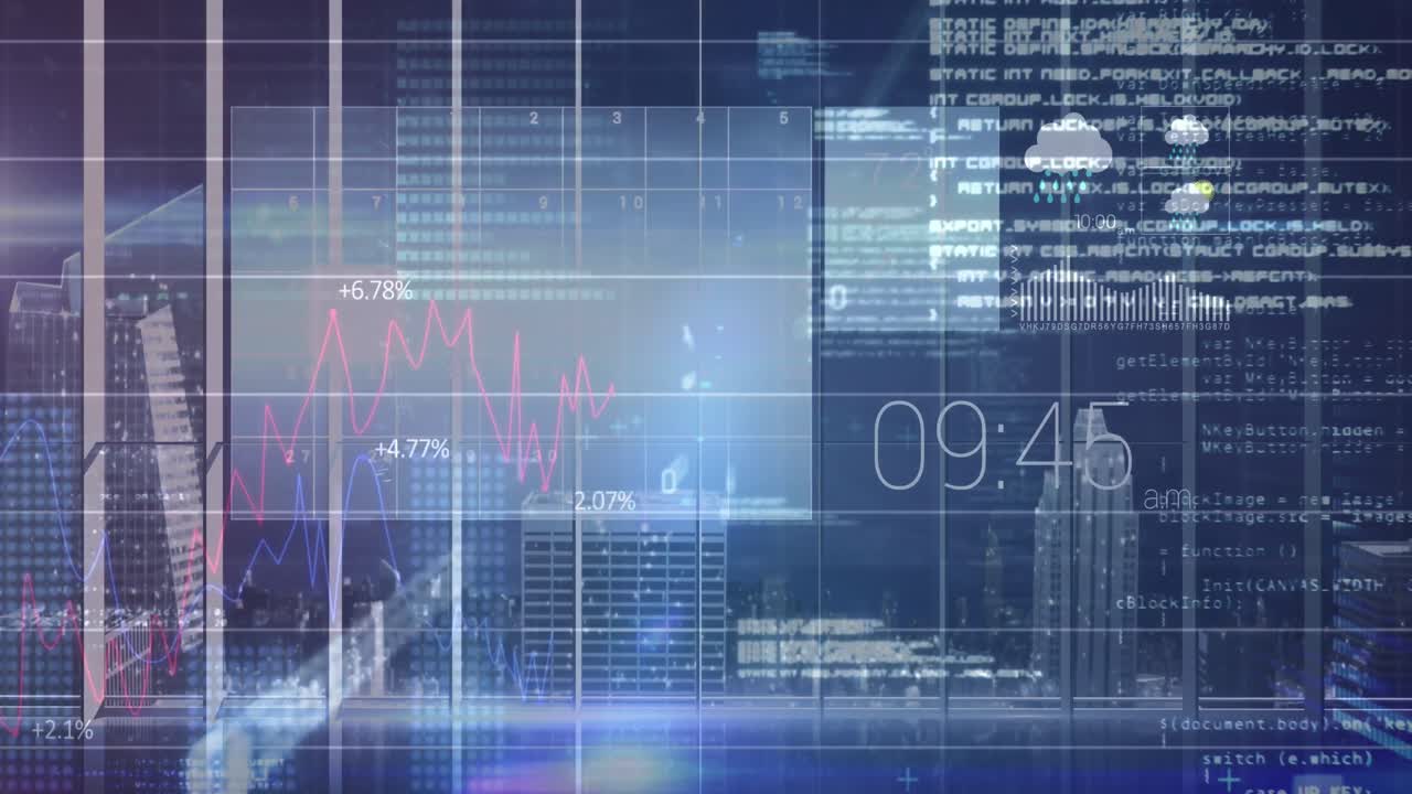 Animation of graphs data and information moving on screen over 3d model of city