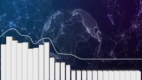 bar chart and line graph animation over digital globe and network connections