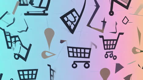 abstract pattern of shopping carts and location pins on gradient background