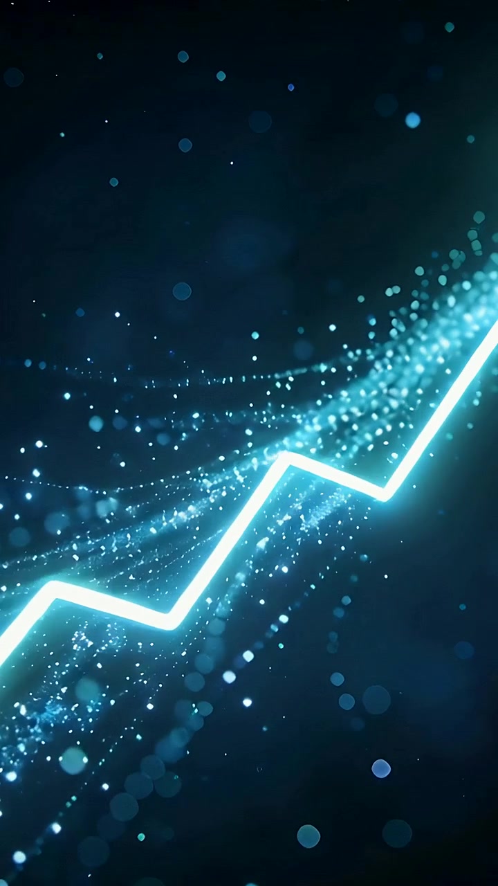 Vertical video: Animating cyan zigzag moving up-right in CGI scene, trailing particles, brightening