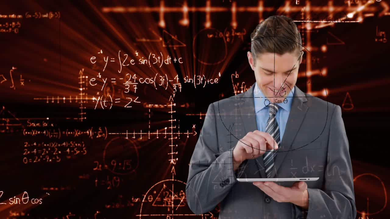 Animation af databehandling og matematiske ligninger over forretningsmand, der bruger tablet