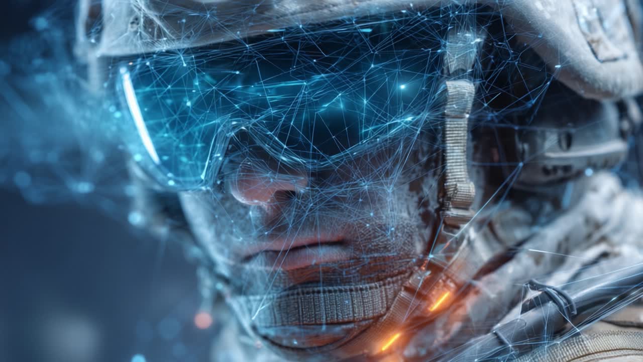 Un soldato futuristico con visore avanzato di realtà aumentata impegnato in operazioni ad alta tecnologia, che mostra l'integrazione del potenziamento digitale negli ambienti di guerra moderna.