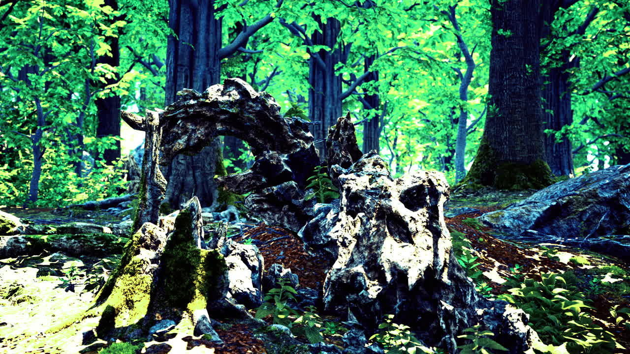 Vibrant forest with ancient tree stump and lush green foliage during daylight