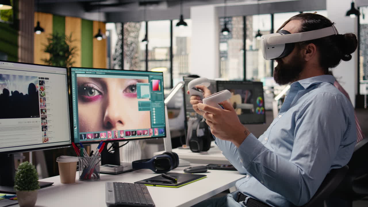 Employee works with VR glasses for photo editing cyberspace techniques