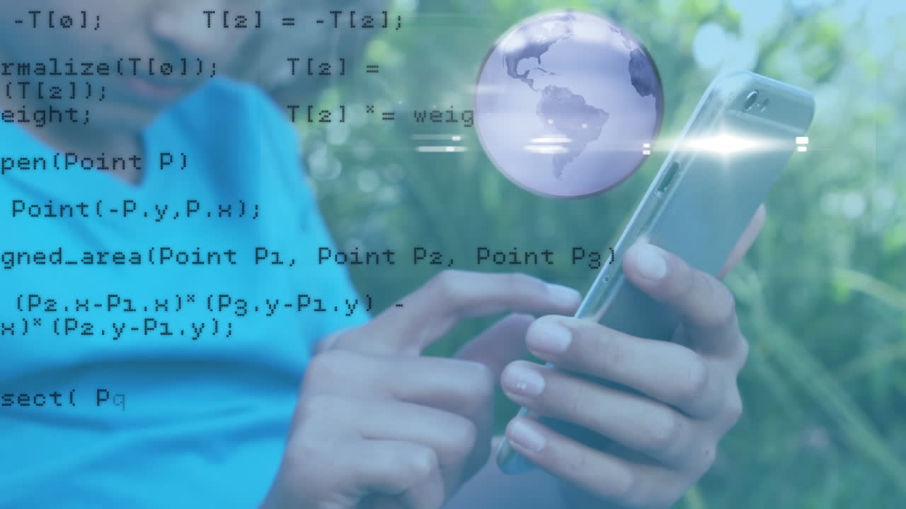 Animation of data processing and globe over african american man using smartphone