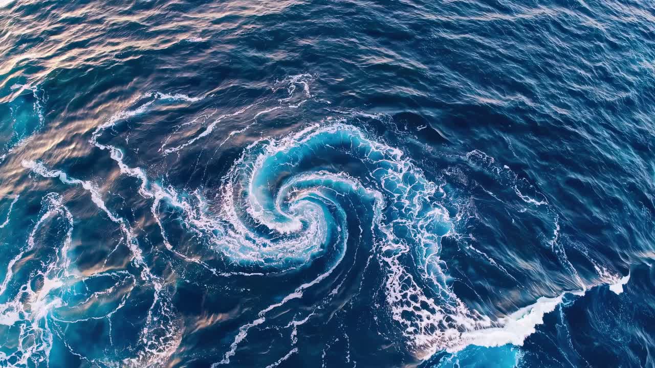 Aerial view of a swirling ocean vortex, capturing dynamic motion