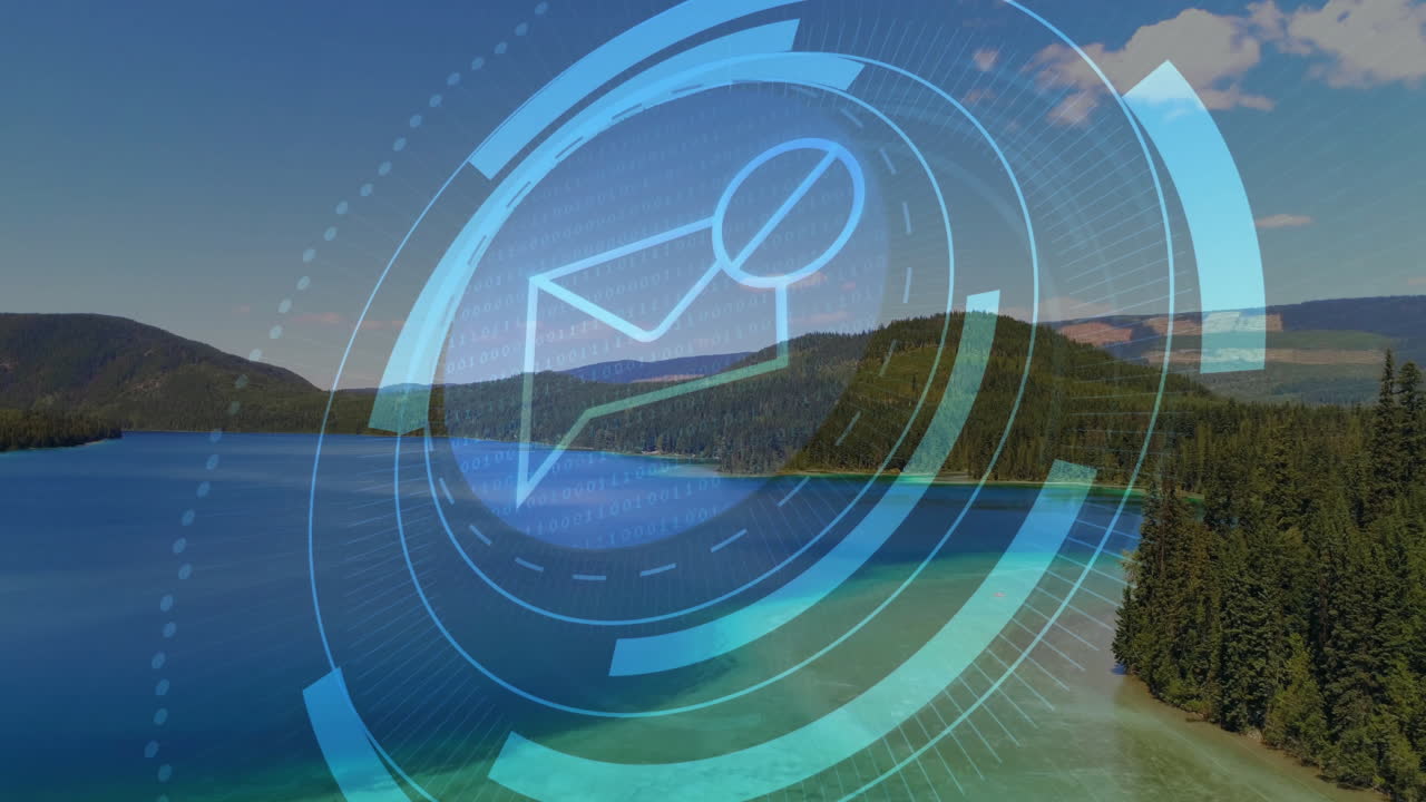 Translucent digital interface floating over mountain lake, streaming binary code with envelope icon