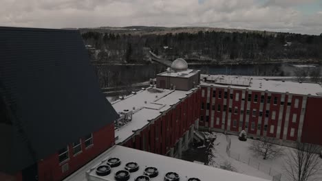 revealing shot of bishops university astronomical observatory in winter with st