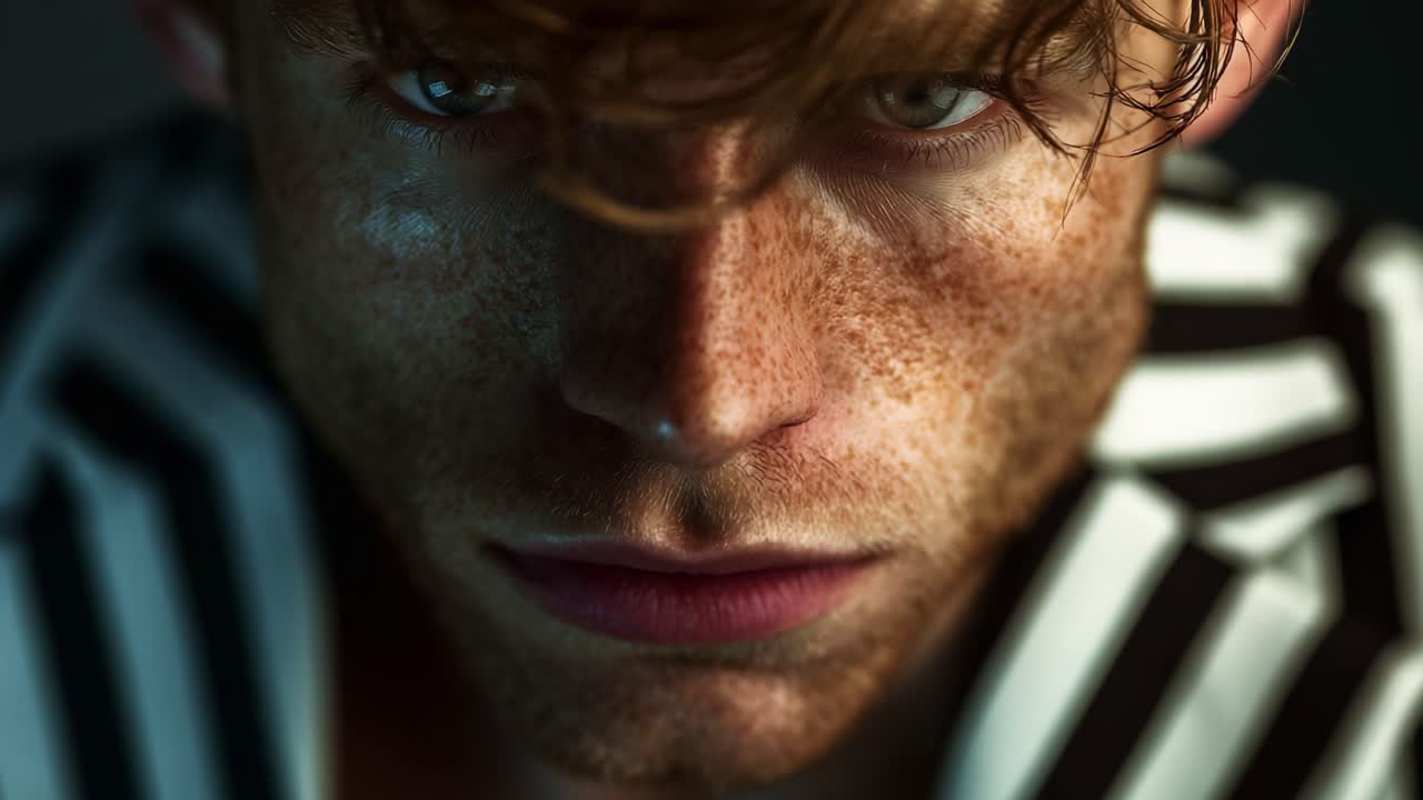 Intense Close-Up of a Male Subject with Freckles and Striped Attire Showcasing Sharp Features and Compelling Expression in Dim Lighting, Creating an Intriguing and Dramatic Atmosphere