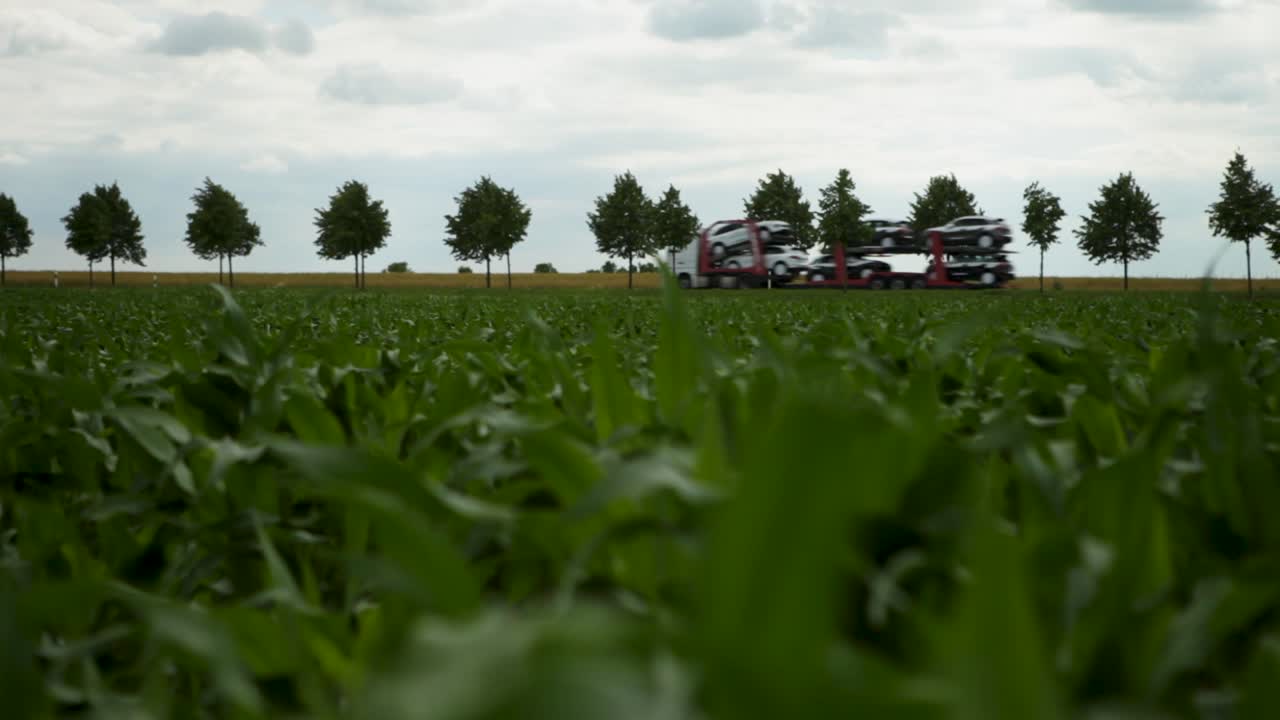 Car carrier truck driving through a field