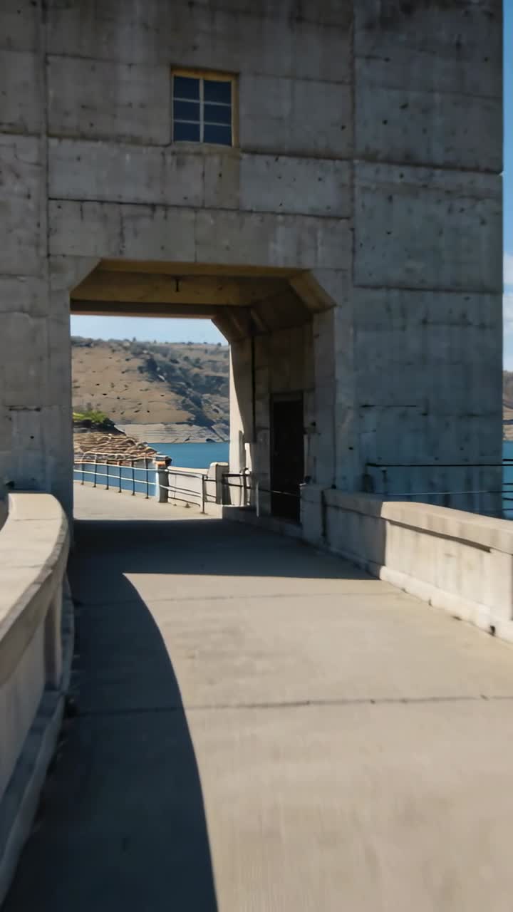 Video vertical: Cámara en movimiento siguiendo una pasarela de hormigón y una torre en un embalse, revelando colinas.