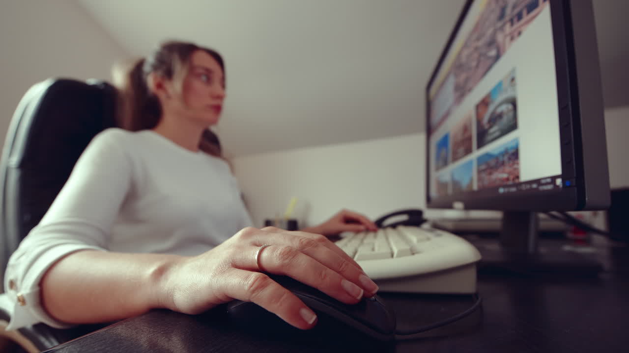 Woman working on computer at the office, wide view
