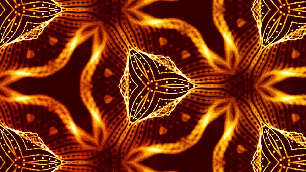 Nanoteknoloji mikrodünyasının soyutlaması. Parlayan altın parçacıkların çizgiler, yüzeyler, desenler, karmaşık simetrik kaleydoskopik yapılar oluşturduğu 4k döngülü bilim kurgu 3d arka plan. 15