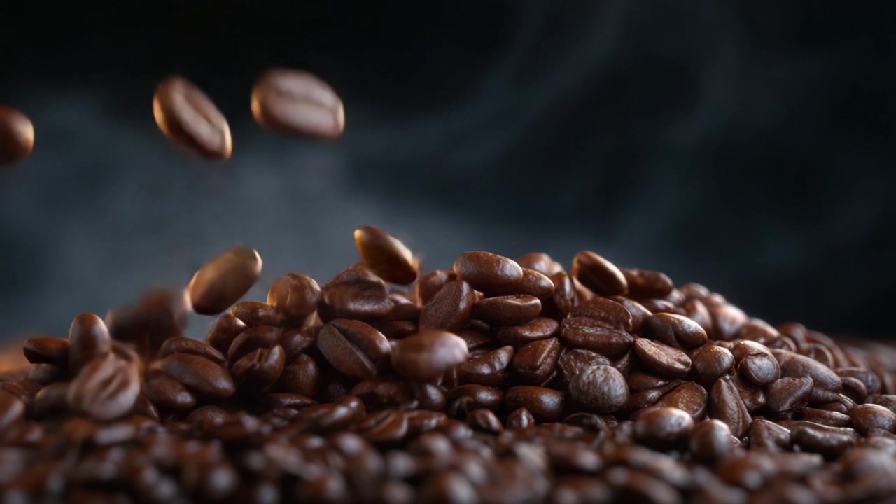 Fængslende nærbillede af kaffebønner i bevægelse mod en dramatisk mørk baggrund, der fremhæver deres rige tekstur og aromatiske appel.