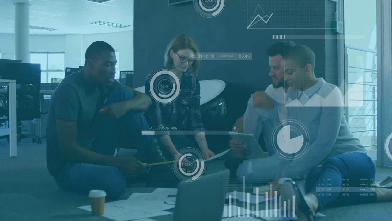 Discussing data with digital graphs, diverse group collaborating in modern office