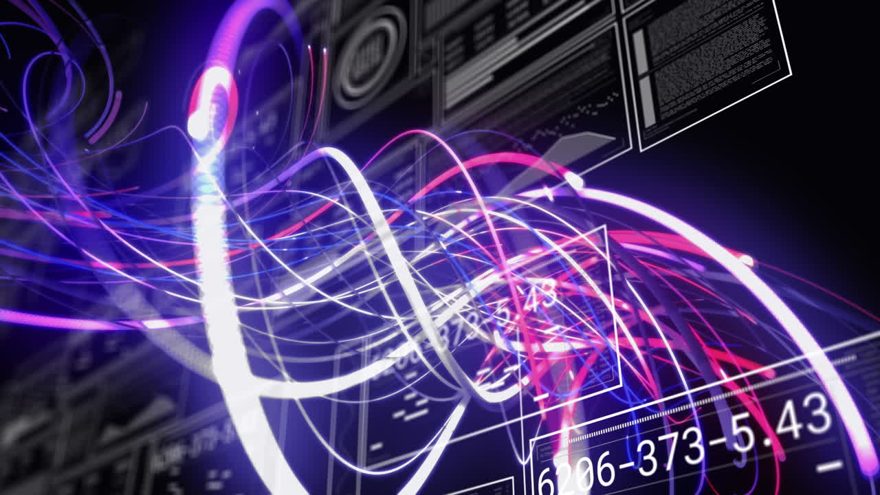 animación de patrones en espiral, gráficos, números cambiantes, círculos de carga y barras sobre fondo negro