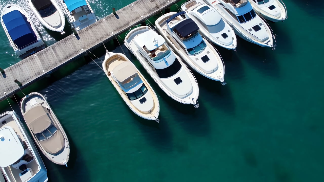 Aerial View Luxury Yachts Docked Along Wooden Pier Over Emerald Water, White Vessels Neatly Moored, Sunlight