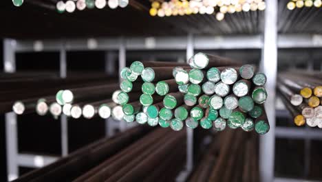 steel bars and metal rods in a warehouse