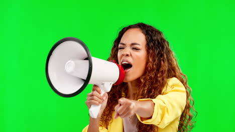 Green-screen,-megaphone-and-woman-in-studio