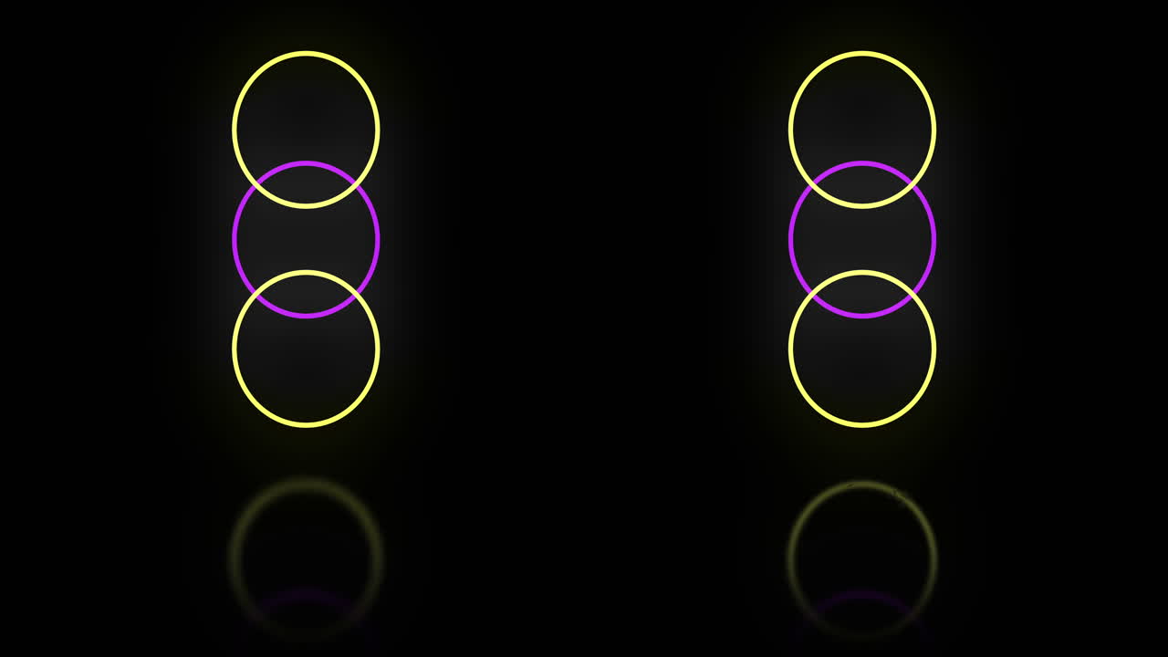 Animation af gule og lyserøde neoncirkler på sort baggrund
