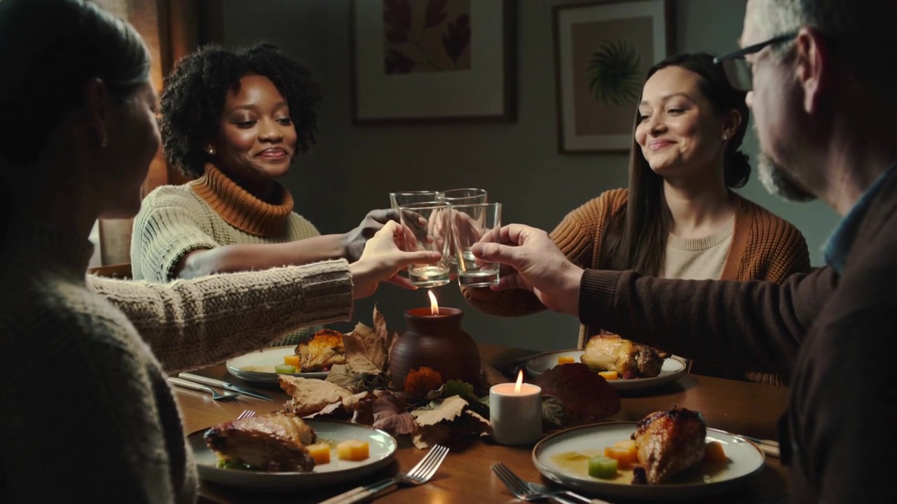 Raising family of four clinking glasses at dining table, marking dinner start with autumn candles