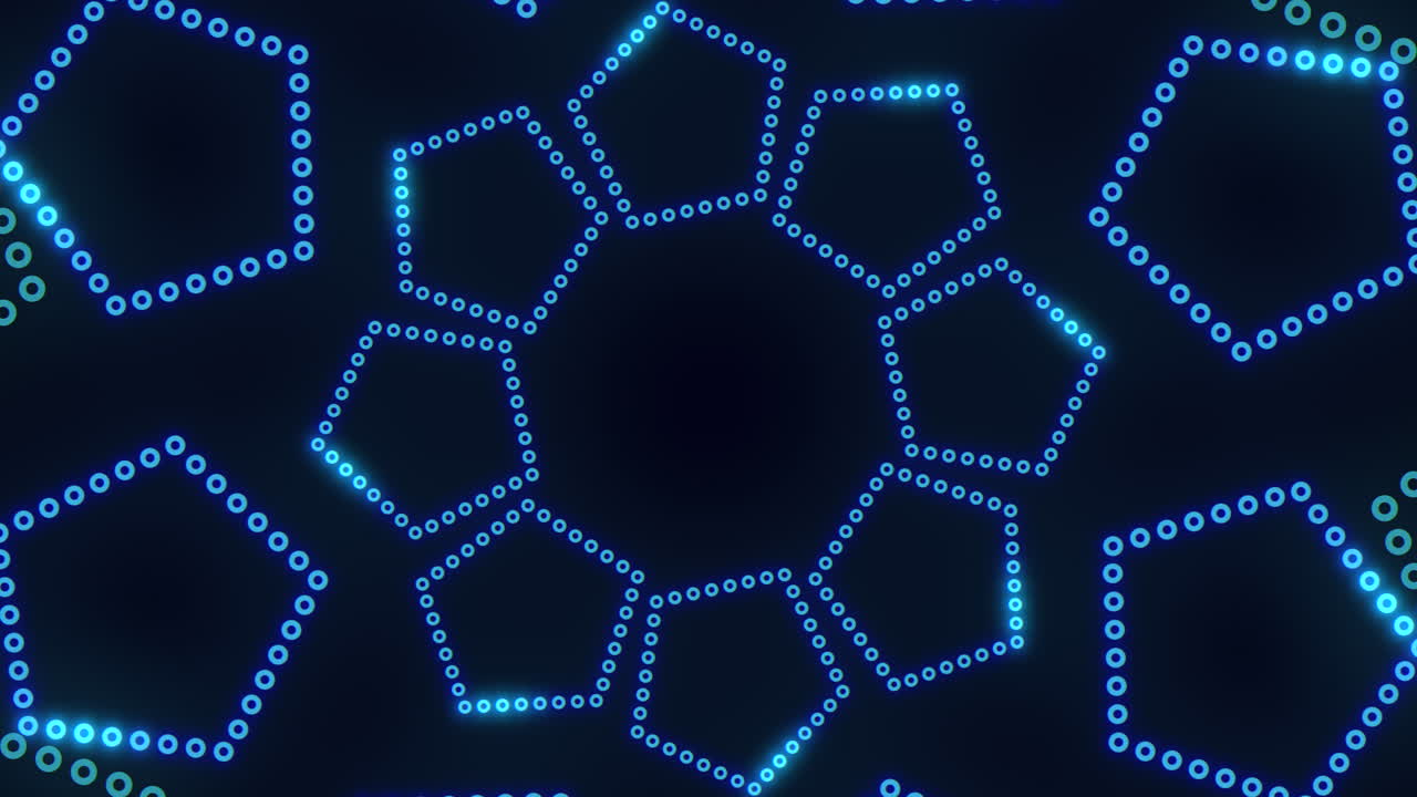 hexágonos de color azul neón en espiral con puntos en degradado negro