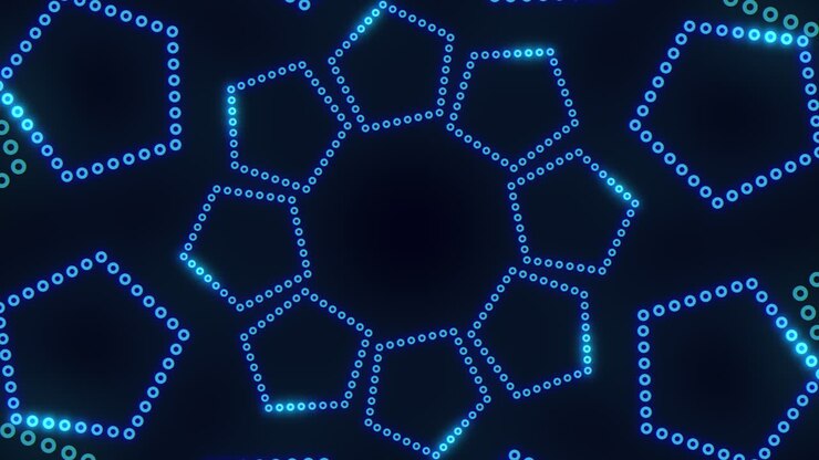 Neon blue hexagons in spiral with dots on black gradient