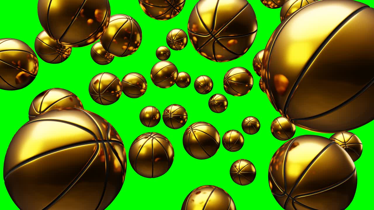 muchas bolas de baloncesto doradas en llave de croma verde.