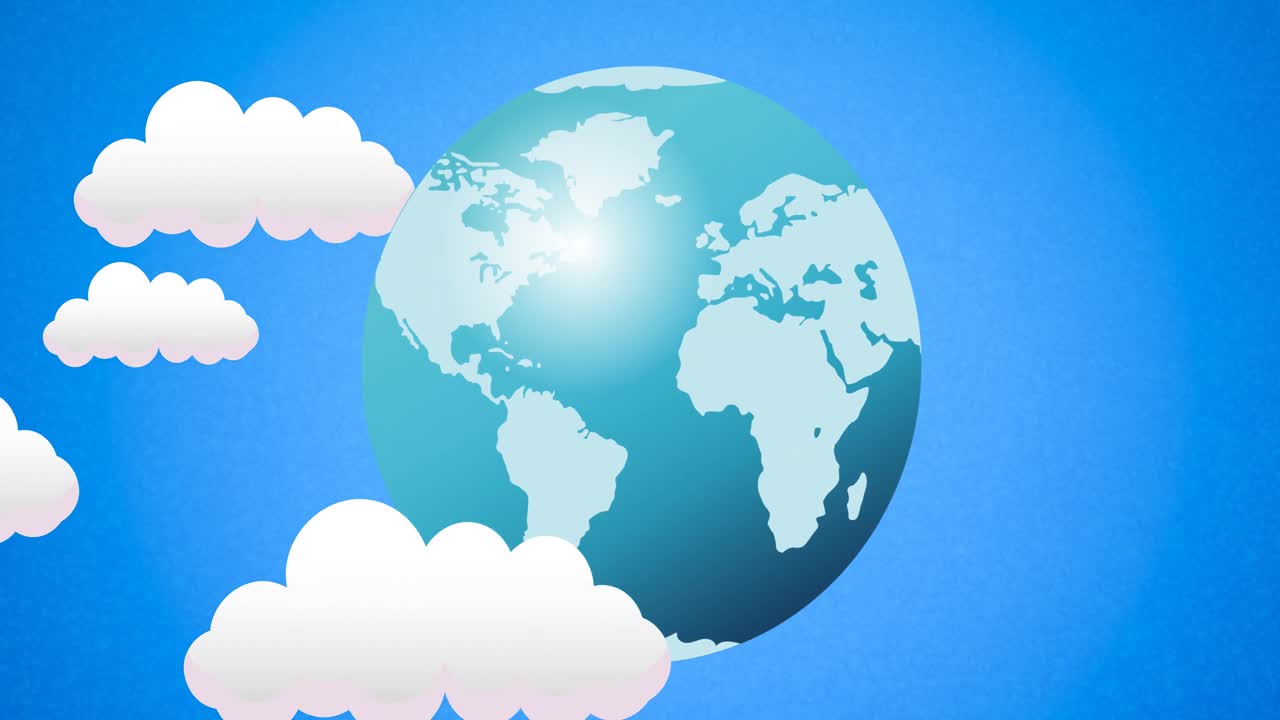 파란 하늘과 구름 위에 파란색과  ⁇ 색의 지구의 애니메이션