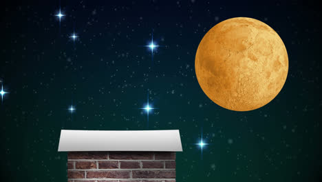animación de paisaje navideño de invierno con chimenea, nieve cayendo y luna