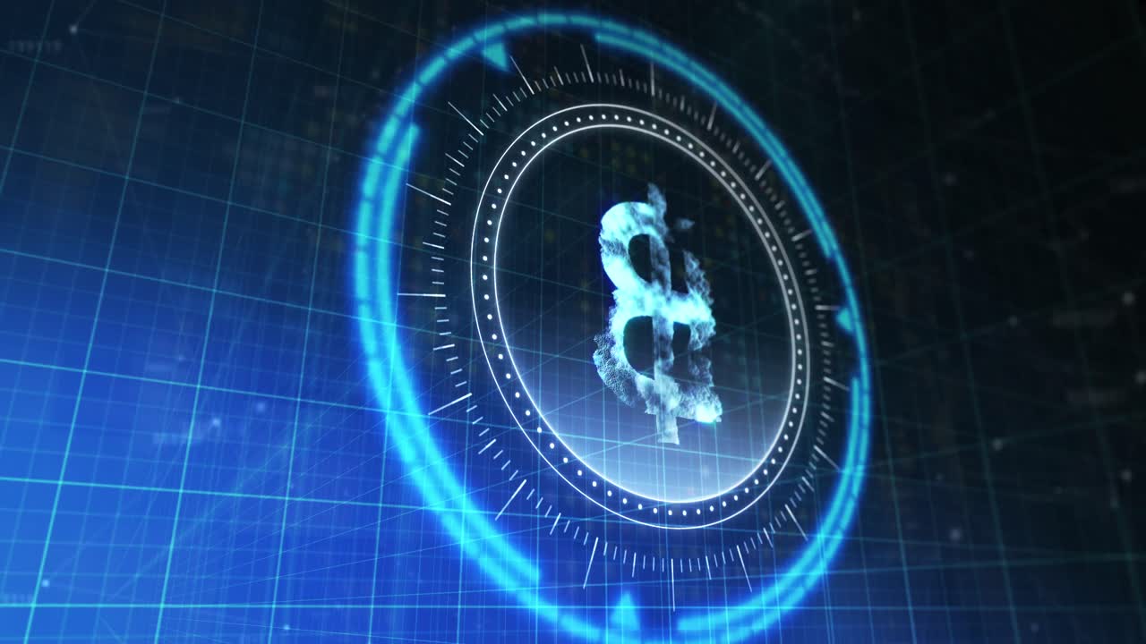 animación del círculo de procesamiento con bitcoin giratorio sobre el espacio digital azul y negro